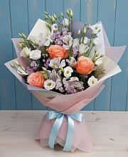 Букет цветов из:  Лизиантусы, Розы, Альстромерии и Гипсофила в Кузнецово