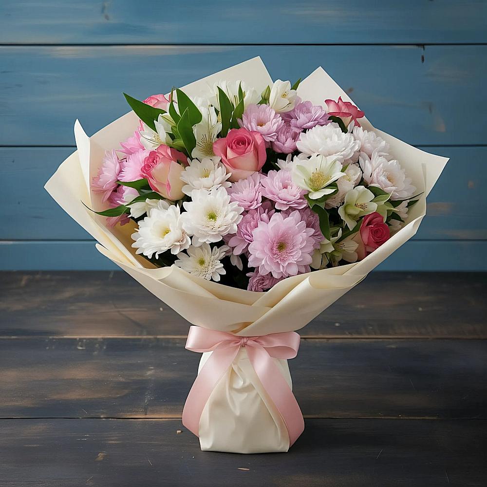 Букет цветов из: Хризантемы, Альстромерии и Розы в Кузнецово